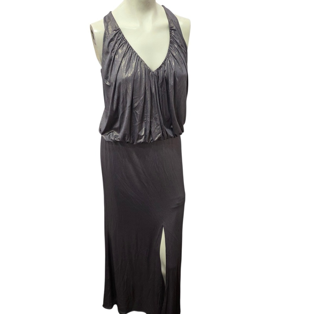 David Meister Metallic Gray Halter Maxi Dress Ruched Slit Evening Gown Size 6